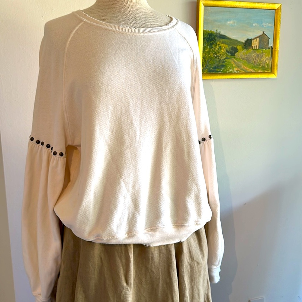 THE GREAT Distressed Sweatshirt with Studded Fancy Sleeves. Cozy 100% Cotton - Picture 2 of 8